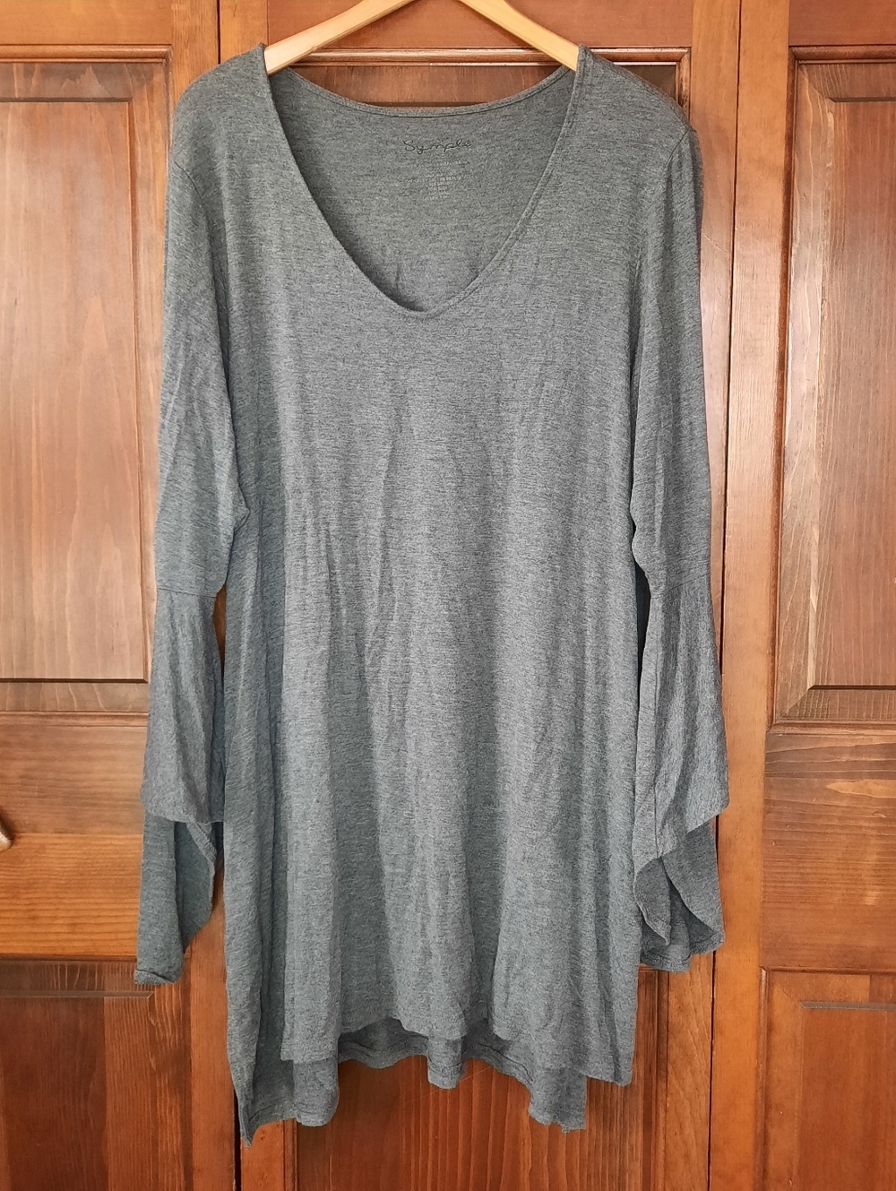 Sympli Dark Gray V-neck Long Bell Sleeves Slinky Tunic Shirt/Mini Dress Size 1X